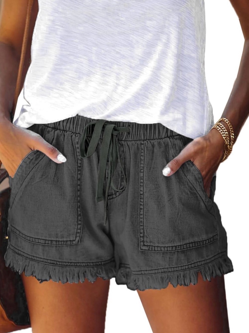 Casual Drawstring Fringe Hem Women's Shorts - Black